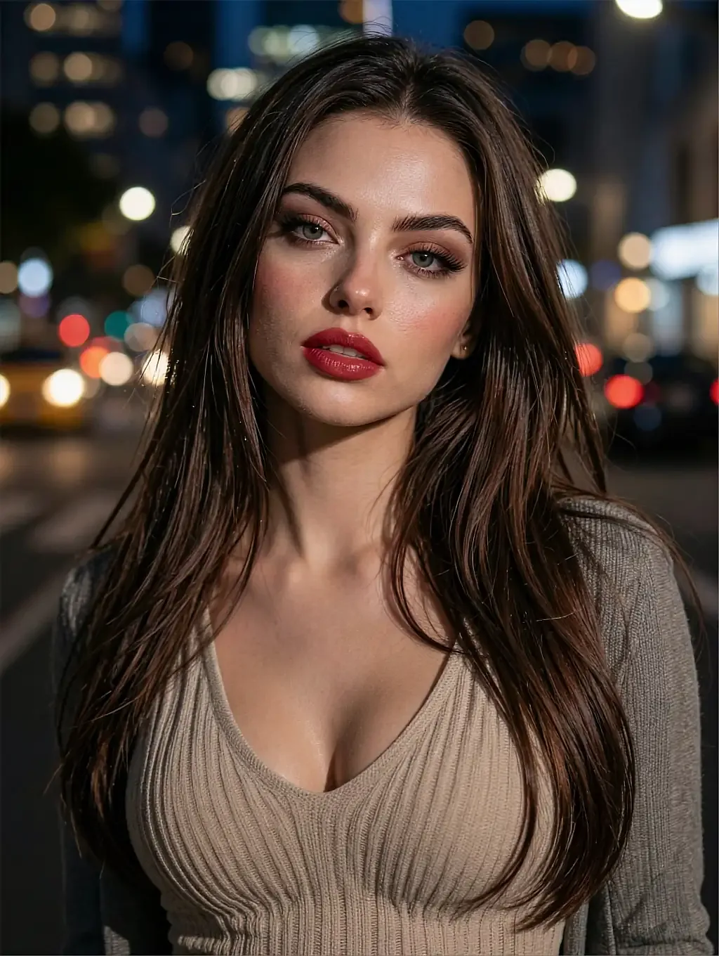 Fictional AI character with long dark hair and deep red lips, close portrait on a night street