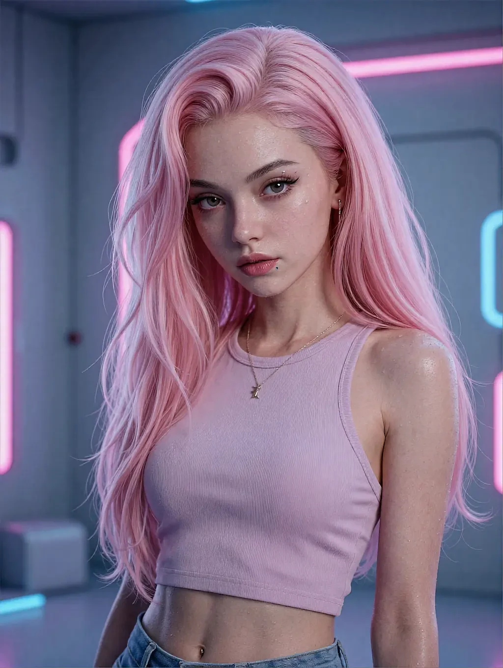 Fictional AI character with long pink hair in a lilac top, neon-lit room behind her