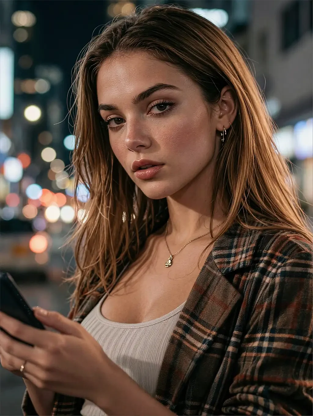 Fictional AI character in a plaid jacket holding a phone on a night street