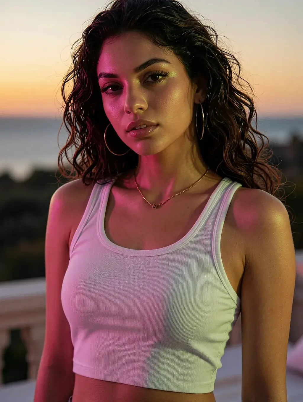 Fictional AI character with dark curls in a white tank top by the sea at sunset